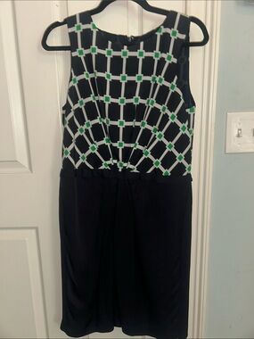 Michael Kors Black Midi Dress with White Lattice and Green Squares